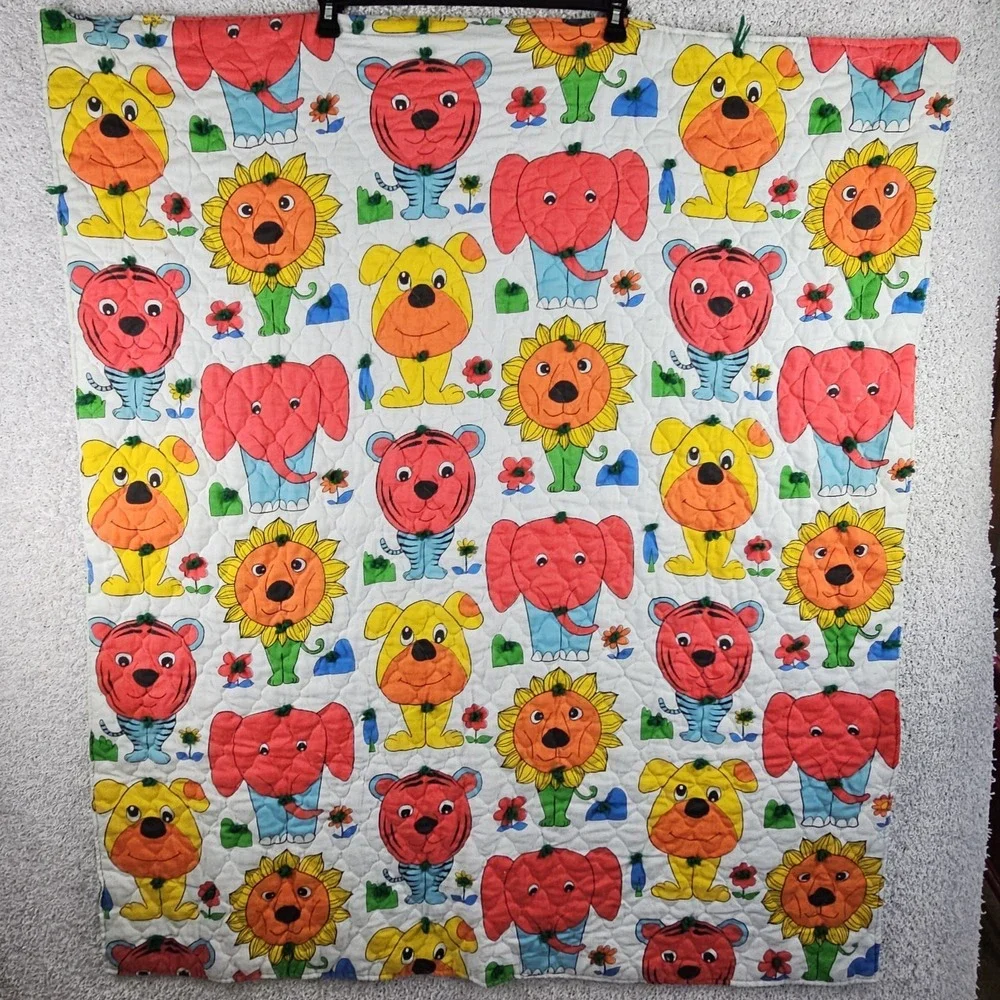 Vintage Animal Print Baby Quilt Blanket Handmade 46x39 Sunflowers Dogs One Sided